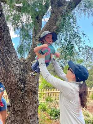 Avery lunging from a tree