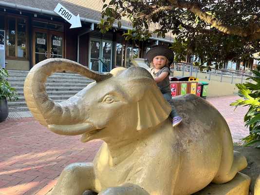 Avery riding an elephant (statue)